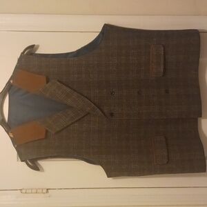 Mens grey plaid double breasted vest with brown suede trim, SZ 50R
